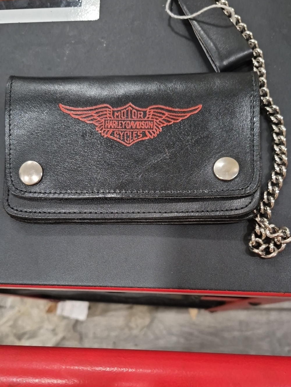 Harley-Davidson Black Leather Wallet with Red Winged Logo and Chain